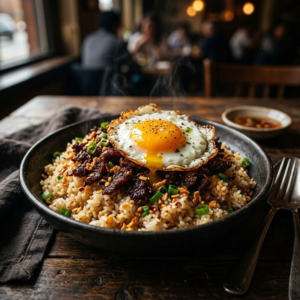 Close-up photography of gourmet crispy beef tapa flakes topped with a sunny-side-up egg over golden garlic fried rice - TAPA FLAKES