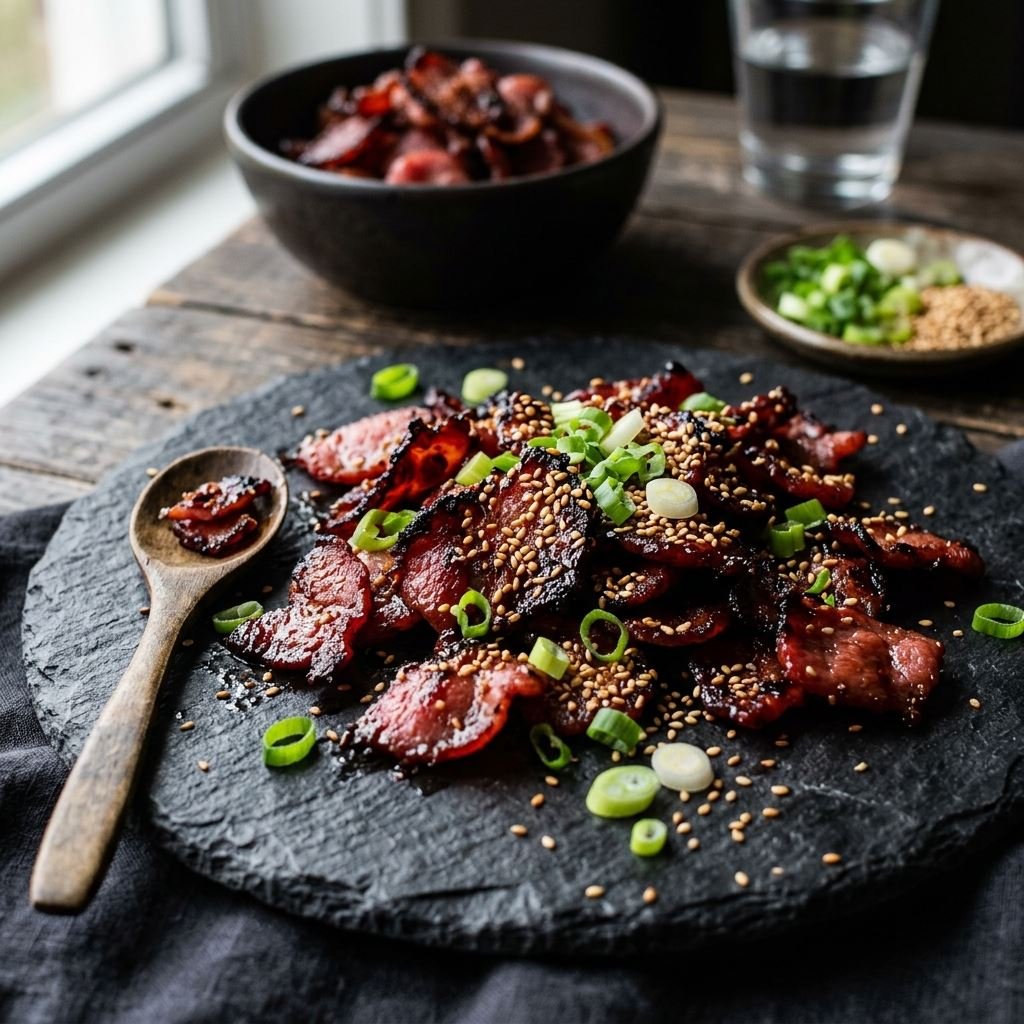 Sweet caramelized pork tocino flakes seasoned with toasted sesame seeds and fresh green onions - TAPA FLAKES
